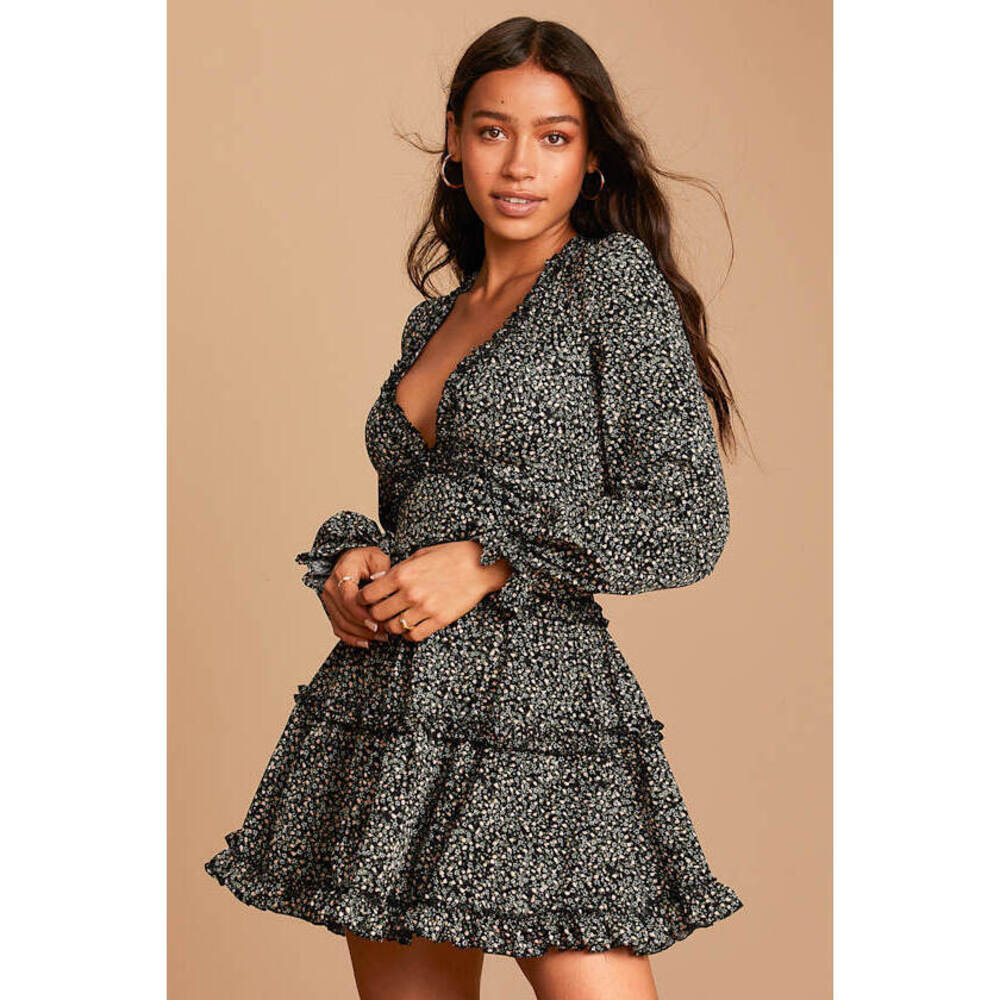 Lulus “Admire You” Black Floral Print Ruffled Long Sleeve Mini Dress Size S